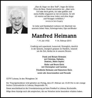 Anzeige von Manfred Heimann von Kölner Stadt-Anzeiger / Kölnische Rundschau / Express