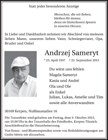Anzeige von Andrzej Sameryt von  Sonntags-Post 