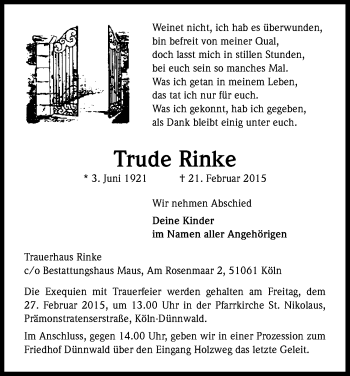 Anzeige von Trude Rinke von Kölner Stadt-Anzeiger / Kölnische Rundschau / Express
