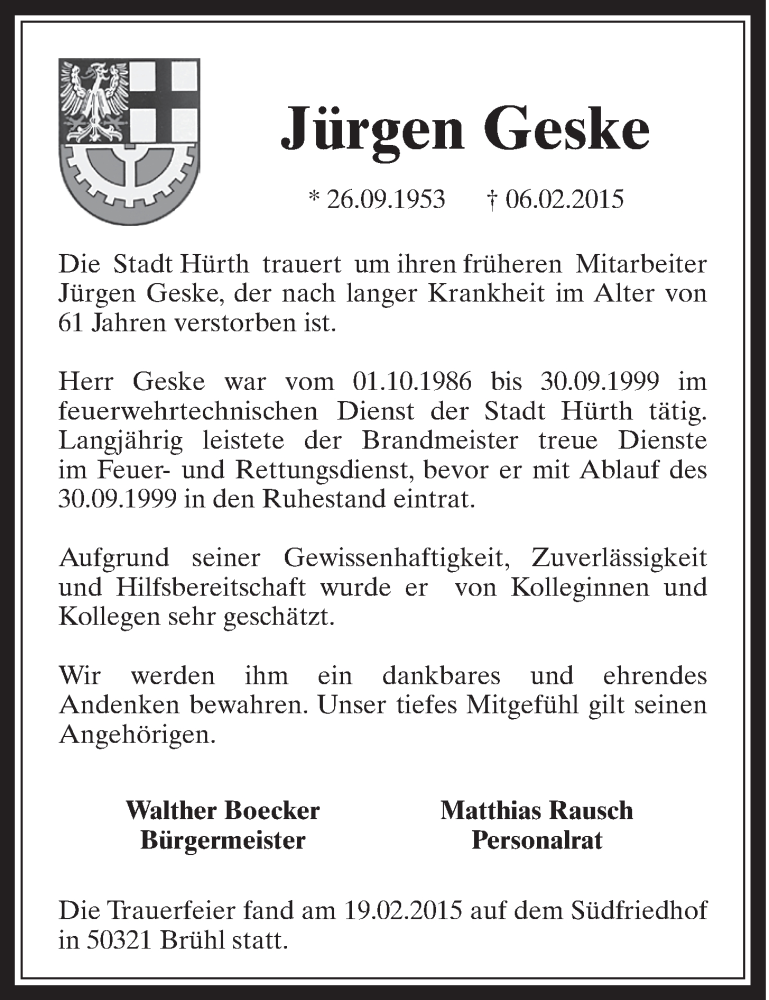  Traueranzeige für Jürgen Geske vom 25.02.2015 aus  Wochenende  Schlossbote/Werbekurier 
