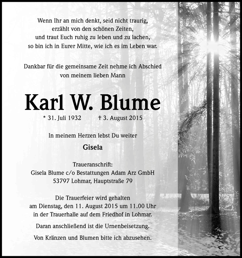  Traueranzeige für Karl  Blume vom 06.08.2015 aus Kölner Stadt-Anzeiger / Kölnische Rundschau / Express