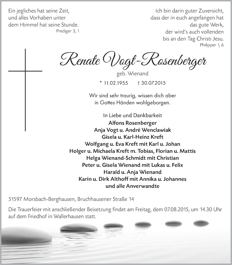  Traueranzeige für Renate Vogt-Rosenberger vom 05.08.2015 aus  Lokalanzeiger 