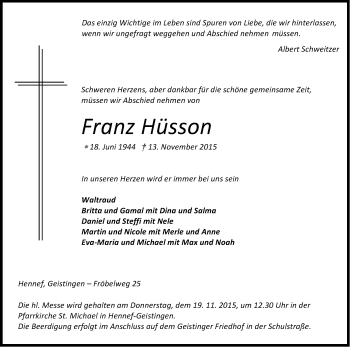 Anzeige von Franz Hüsson von Kölner Stadt-Anzeiger / Kölnische Rundschau / Express
