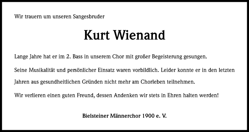  Traueranzeige für Kurt Wienand vom 25.09.2015 aus Kölner Stadt-Anzeiger / Kölnische Rundschau / Express