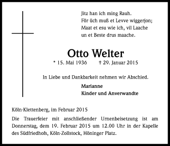 Anzeige von Otto Welter von Kölner Stadt-Anzeiger / Kölnische Rundschau / Express