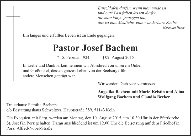  Traueranzeige für Josef Bachem vom 05.08.2015 aus  Kölner Wochenspiegel 