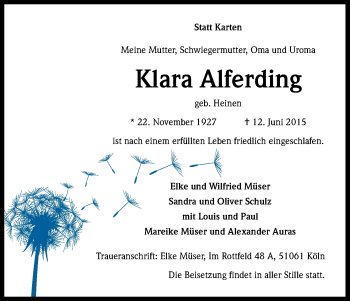 Anzeige von Klara Alferding von Kölner Stadt-Anzeiger / Kölnische Rundschau / Express