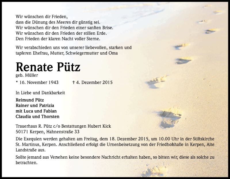  Traueranzeige für Renate Pütz vom 12.12.2015 aus Kölner Stadt-Anzeiger / Kölnische Rundschau / Express