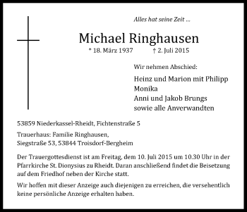 Anzeige von Michael Ringhausen von Kölner Stadt-Anzeiger / Kölnische Rundschau / Express