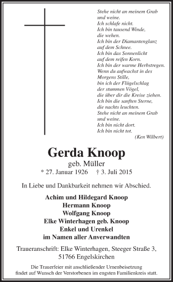 Anzeige von Gerda Knoop von  Anzeigen Echo 