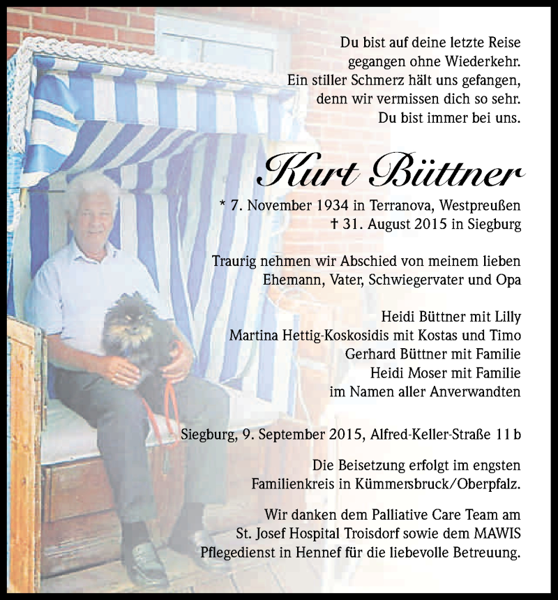  Traueranzeige für Kurt Büttner vom 19.09.2015 aus Kölner Stadt-Anzeiger / Kölnische Rundschau / Express