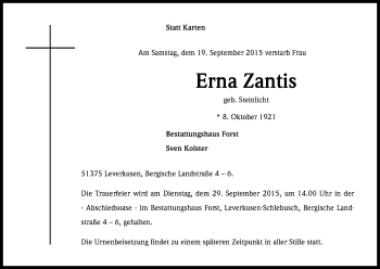 Anzeige von Erna Zantis von Kölner Stadt-Anzeiger / Kölnische Rundschau / Express