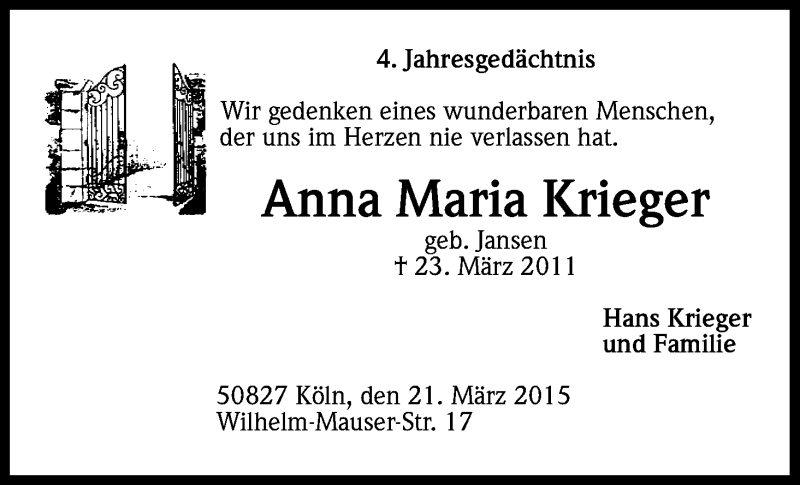  Traueranzeige für Anna Maria Krieger vom 21.03.2015 aus Kölner Stadt-Anzeiger / Kölnische Rundschau / Express