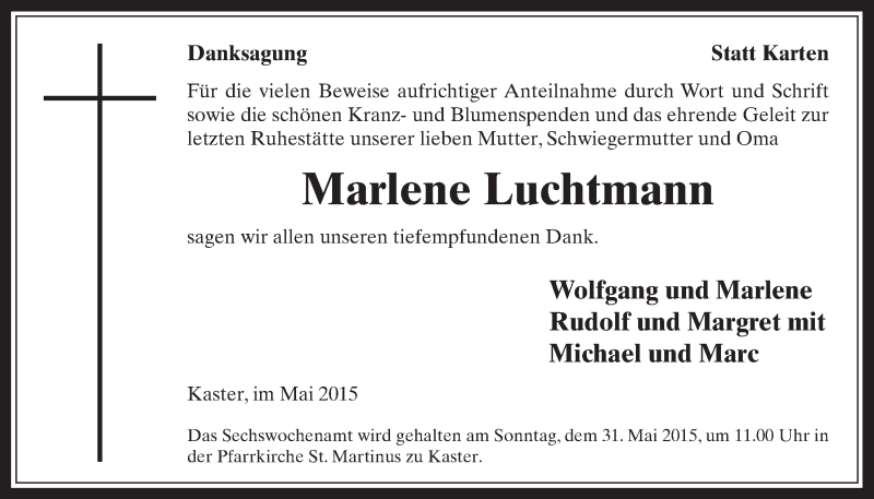  Traueranzeige für Marlene Luchtmann vom 27.05.2015 aus  Werbepost 