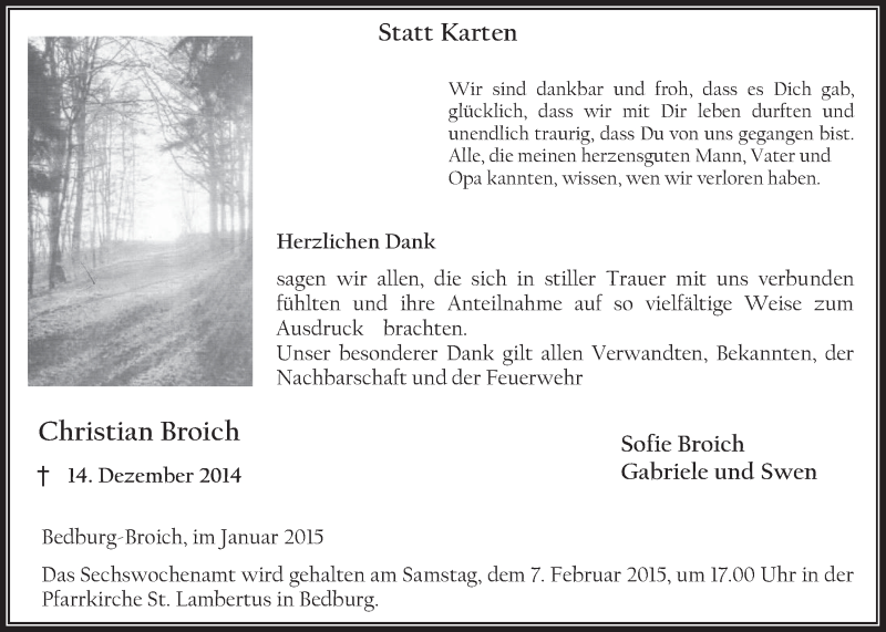  Traueranzeige für Christian Broich vom 04.02.2015 aus  Werbepost 