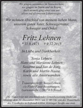 Anzeige von Fritz Lehnen von  Werbepost 