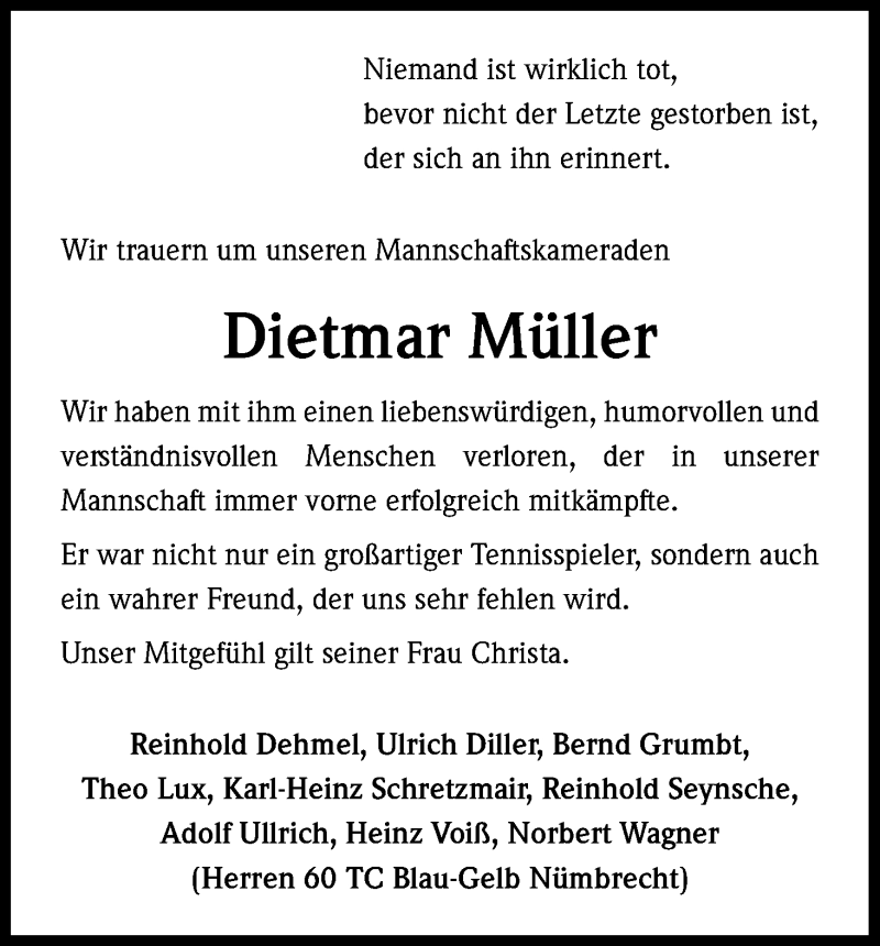  Traueranzeige für Dietmar Müller vom 09.09.2015 aus Kölner Stadt-Anzeiger / Kölnische Rundschau / Express
