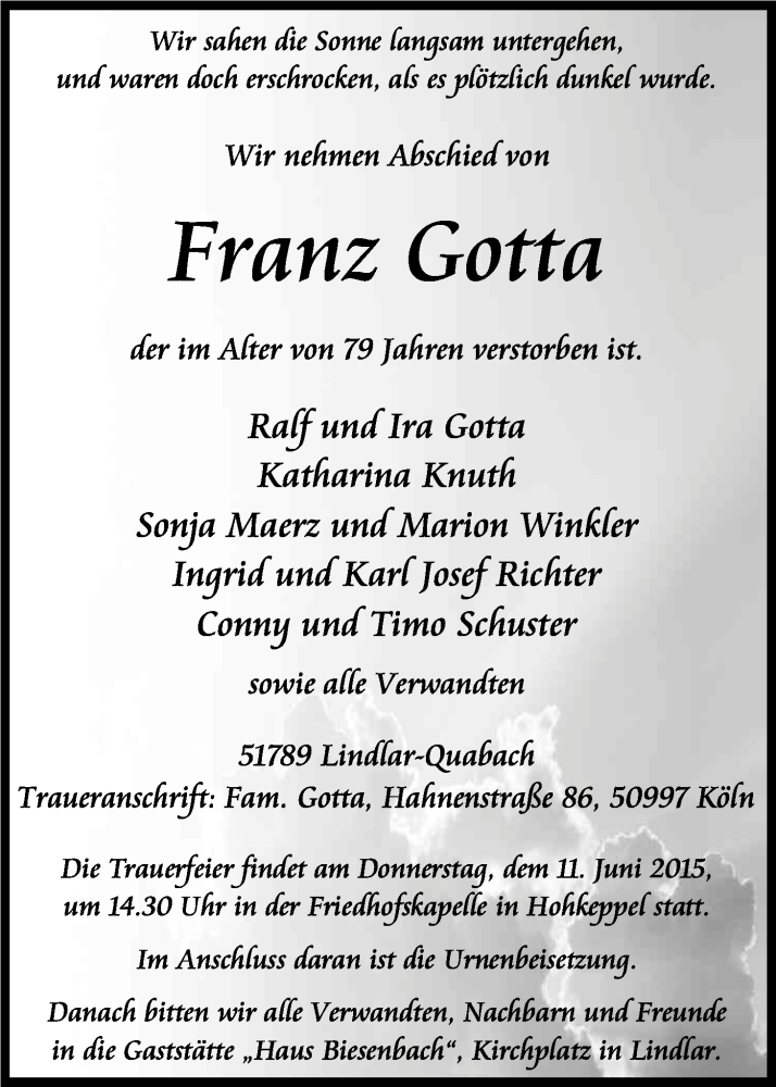  Traueranzeige für Franz Gotta vom 06.06.2015 aus Kölner Stadt-Anzeiger / Kölnische Rundschau / Express