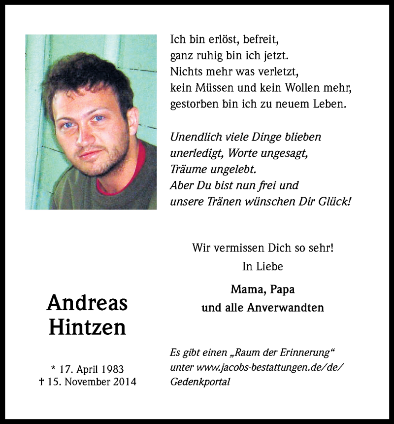  Traueranzeige für Andreas Hintzen vom 14.11.2015 aus Köln - Wir Trauern