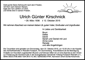 Anzeige von Ulrich Günter Kirschnick von Kölner Stadt-Anzeiger / Kölnische Rundschau / Express