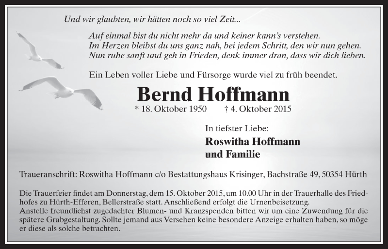  Traueranzeige für Bernd Hoffmann vom 10.10.2015 aus  Sonntags-Post 