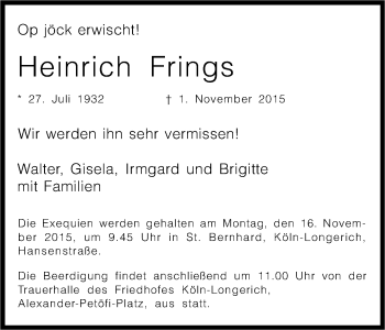 Anzeige von Heinrich Frings von Kölner Stadt-Anzeiger / Kölnische Rundschau / Express
