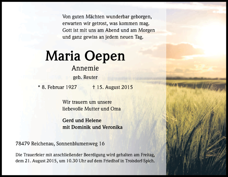  Traueranzeige für Maria Oepen vom 18.08.2015 aus Kölner Stadt-Anzeiger / Kölnische Rundschau / Express