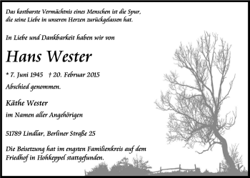 Anzeige von Hans Wester von Kölner Stadt-Anzeiger / Kölnische Rundschau / Express