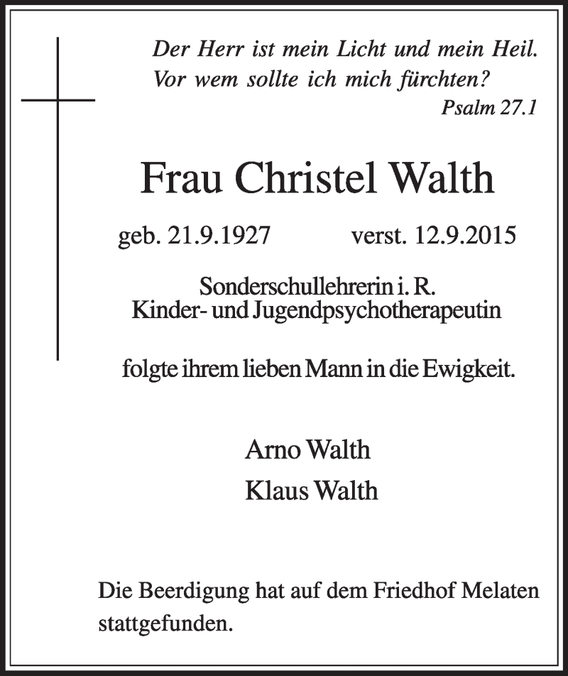  Traueranzeige für Christel Walth vom 23.09.2015 aus  Schlossbote/Werbekurier 