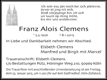 Anzeige von Franz Alois Clemens von Kölner Stadt-Anzeiger / Kölnische Rundschau / Express