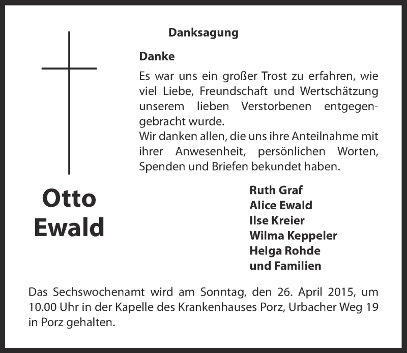  Traueranzeige für Otto Ewald vom 22.04.2015 aus  Kölner Wochenspiegel 