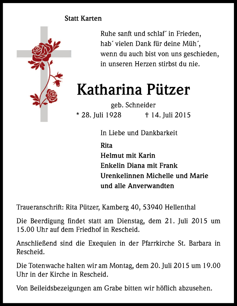  Traueranzeige für Katharina Pützer vom 16.07.2015 aus Kölner Stadt-Anzeiger / Kölnische Rundschau / Express