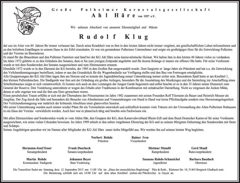  Traueranzeige für Rudolf Klug vom 05.09.2015 aus  Sonntags-Post 
