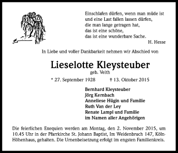 Anzeige von Lieselotte Kleysteuber von Kölner Stadt-Anzeiger / Kölnische Rundschau / Express