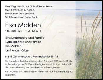 Anzeige von Elsa Malden von Kölner Stadt-Anzeiger / Kölnische Rundschau / Express