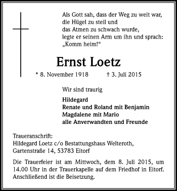 Anzeige von Ernst Loetz von Kölner Stadt-Anzeiger / Kölnische Rundschau / Express