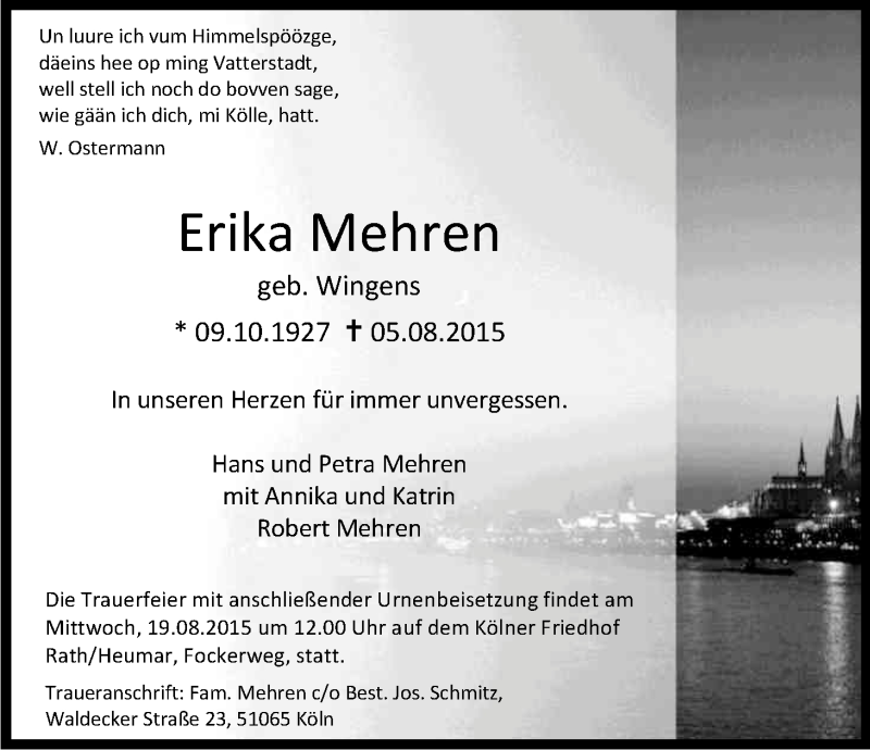  Traueranzeige für Erika Mehren vom 15.08.2015 aus Kölner Stadt-Anzeiger / Kölnische Rundschau / Express
