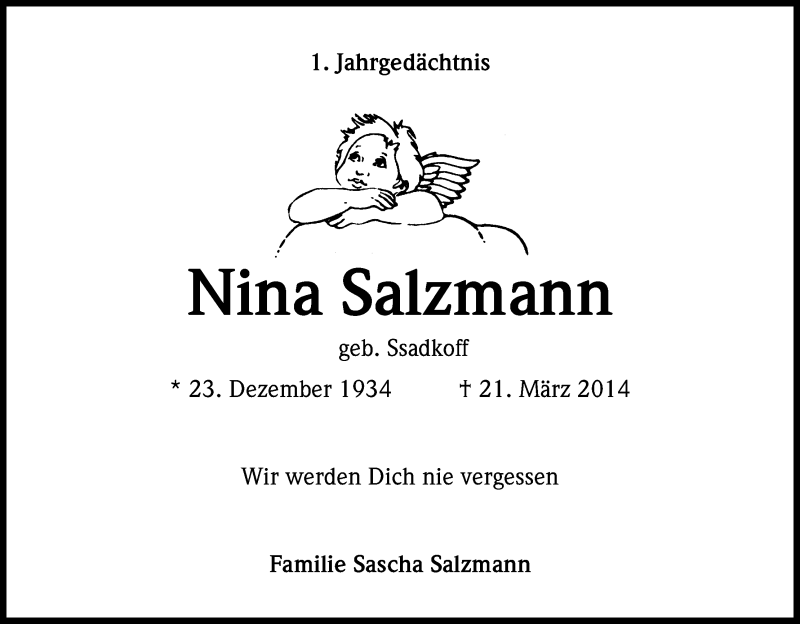  Traueranzeige für Nina Salzmann vom 21.03.2015 aus Kölner Stadt-Anzeiger / Kölnische Rundschau / Express