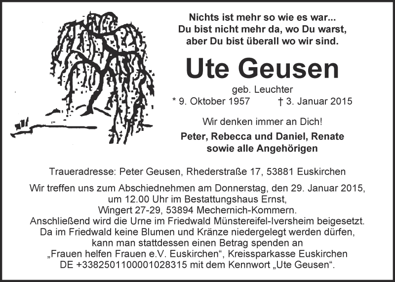  Traueranzeige für Ute Geusen vom 18.01.2015 aus  Blickpunkt Euskirchen 