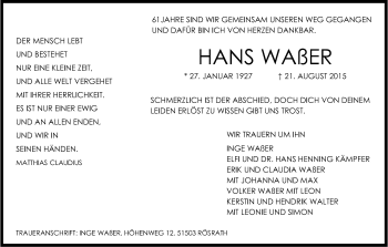 Anzeige von Hans Waßer von Kölner Stadt-Anzeiger / Kölnische Rundschau / Express