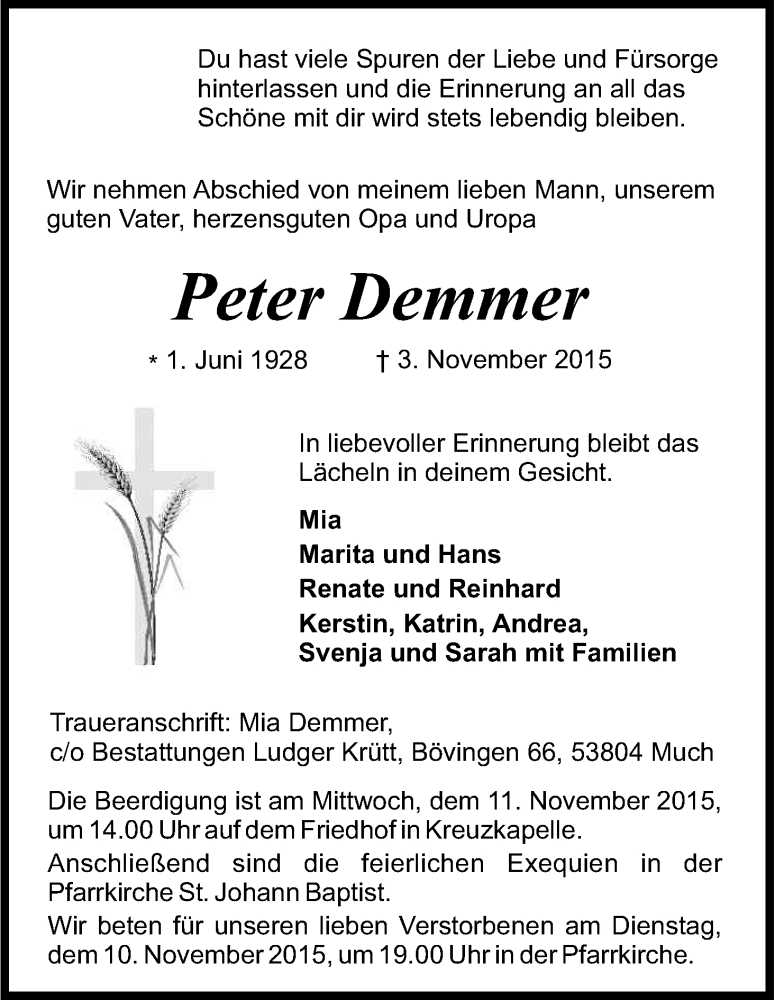  Traueranzeige für Peter Demmer vom 07.11.2015 aus Kölner Stadt-Anzeiger / Kölnische Rundschau / Express