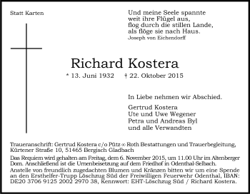 Anzeige von Richard Kostera von Kölner Stadt-Anzeiger / Kölnische Rundschau / Express