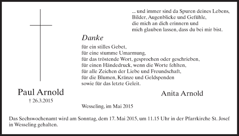  Traueranzeige für Paul Arnold vom 13.05.2015 aus  Schlossbote/Werbekurier 