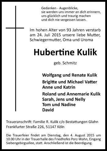 Anzeige von Hubertine Kulik von  Kölner Wochenspiegel 
