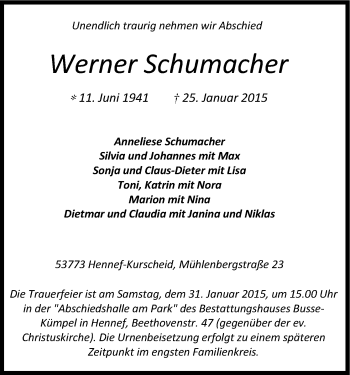Anzeige von Werner Schumacher von Kölner Stadt-Anzeiger / Kölnische Rundschau / Express