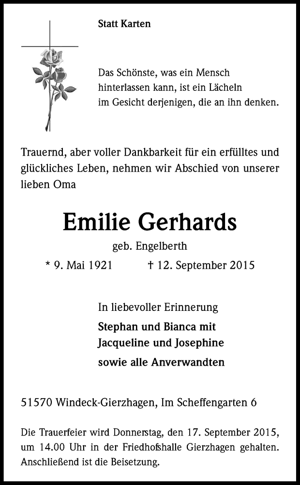  Traueranzeige für Emilie Gerhards vom 15.09.2015 aus Kölner Stadt-Anzeiger / Kölnische Rundschau / Express