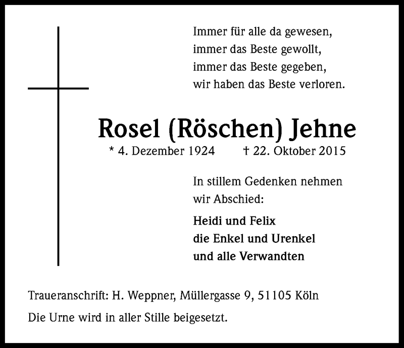  Traueranzeige für Rosel Röschen Jehne vom 24.10.2015 aus Kölner Stadt-Anzeiger / Kölnische Rundschau / Express