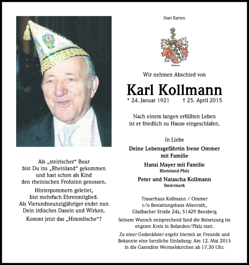  Traueranzeige für Karl Kollmann vom 02.05.2015 aus Kölner Stadt-Anzeiger / Kölnische Rundschau / Express