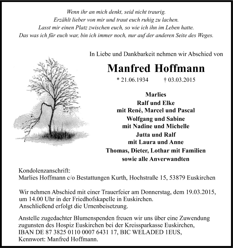  Traueranzeige für Manfred Hoffmann vom 14.03.2015 aus Kölner Stadt-Anzeiger / Kölnische Rundschau / Express