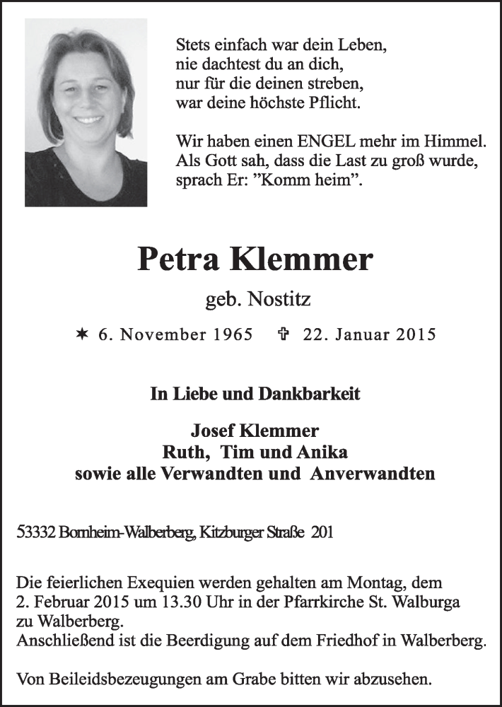  Traueranzeige für Petra Klemmer vom 28.01.2015 aus  Schlossbote/Werbekurier 